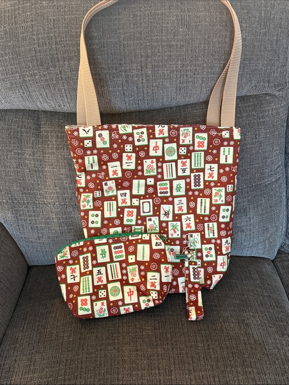 Red Mahjong Tile Print Tote Bag with Pouch